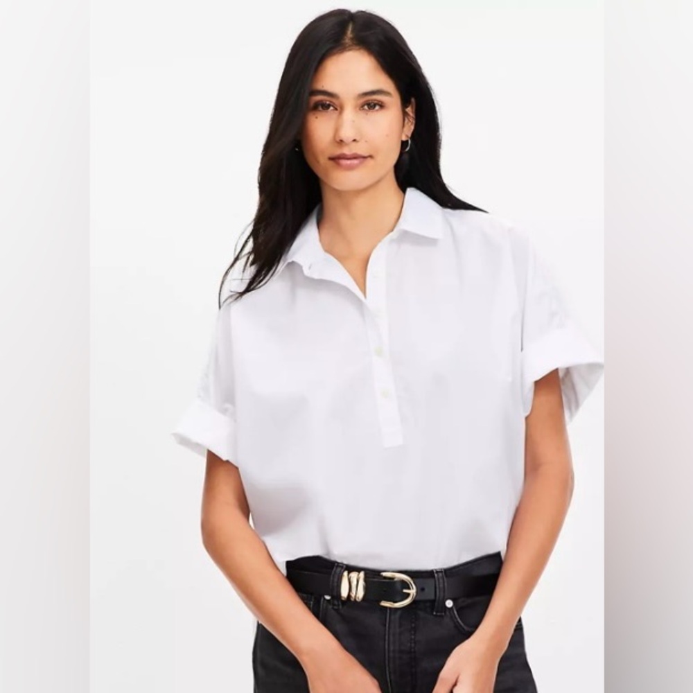 LOFT White Poplin Henley Dolman Tunic Top Large NWT